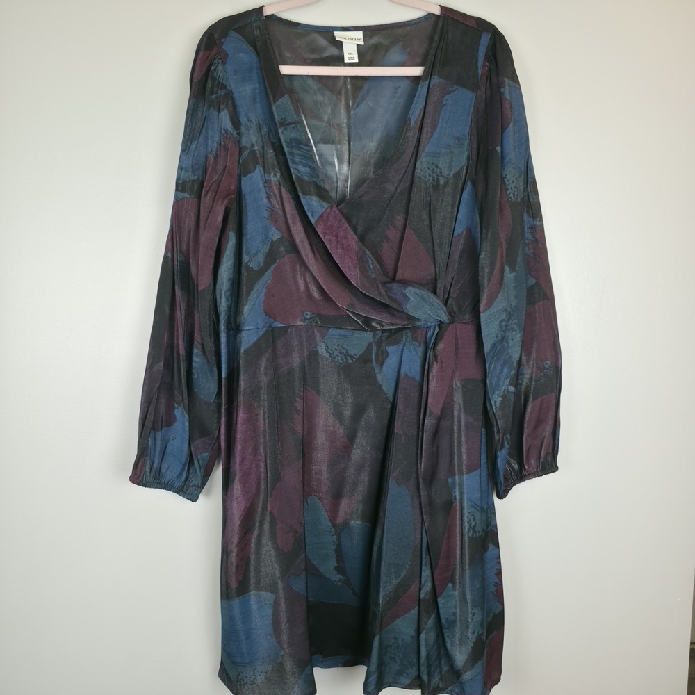 Ava Viv Midi Wrap Dress Women's Plus Size 2X Balloon Long Sleeve Abstract Floral